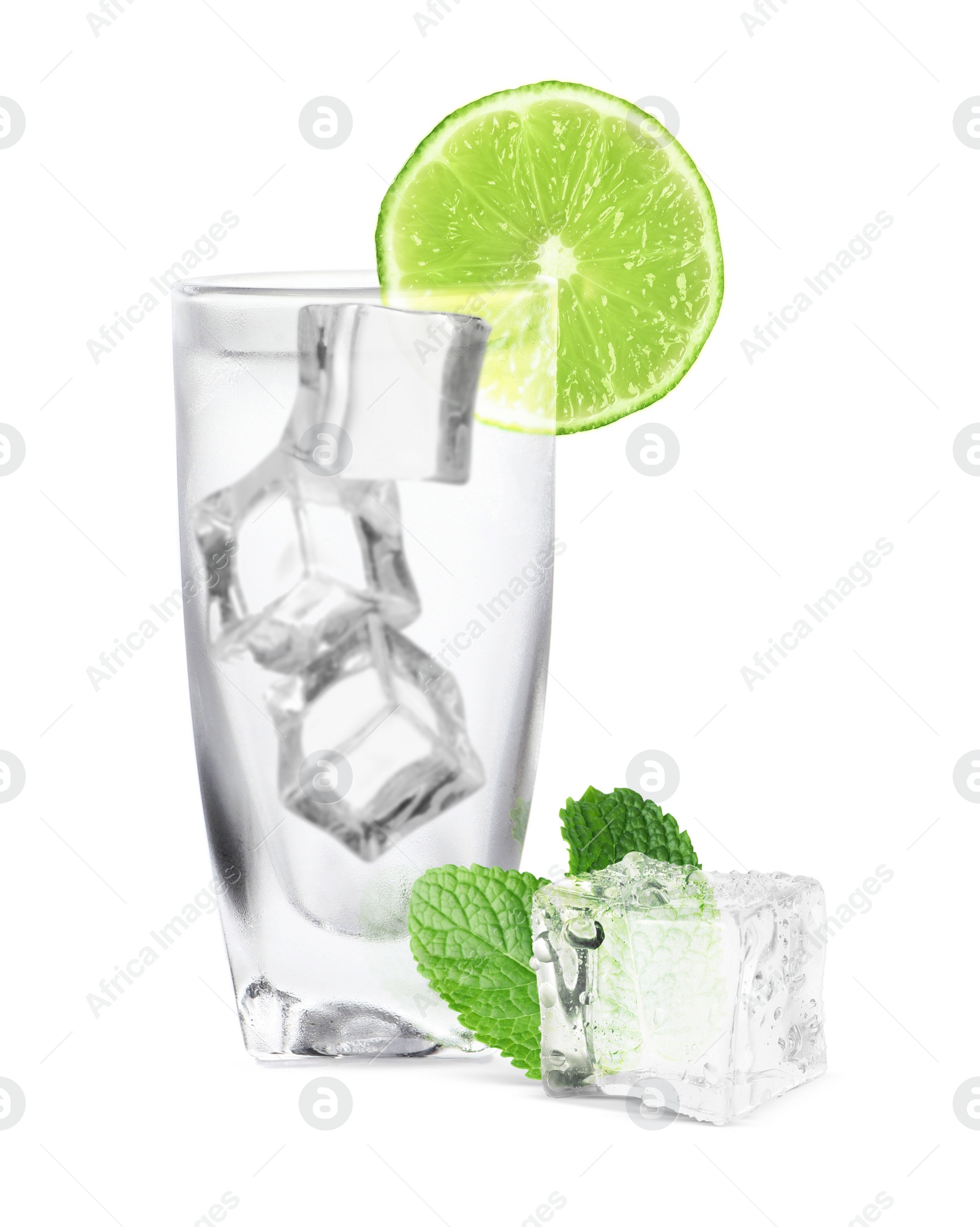 Image of Shot of vodka with ice and lime on white background