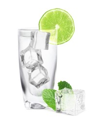 Shot of vodka with ice and lime on white background