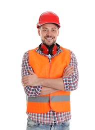 Photo of Male industrial engineer in uniform on white background. Safety equipment