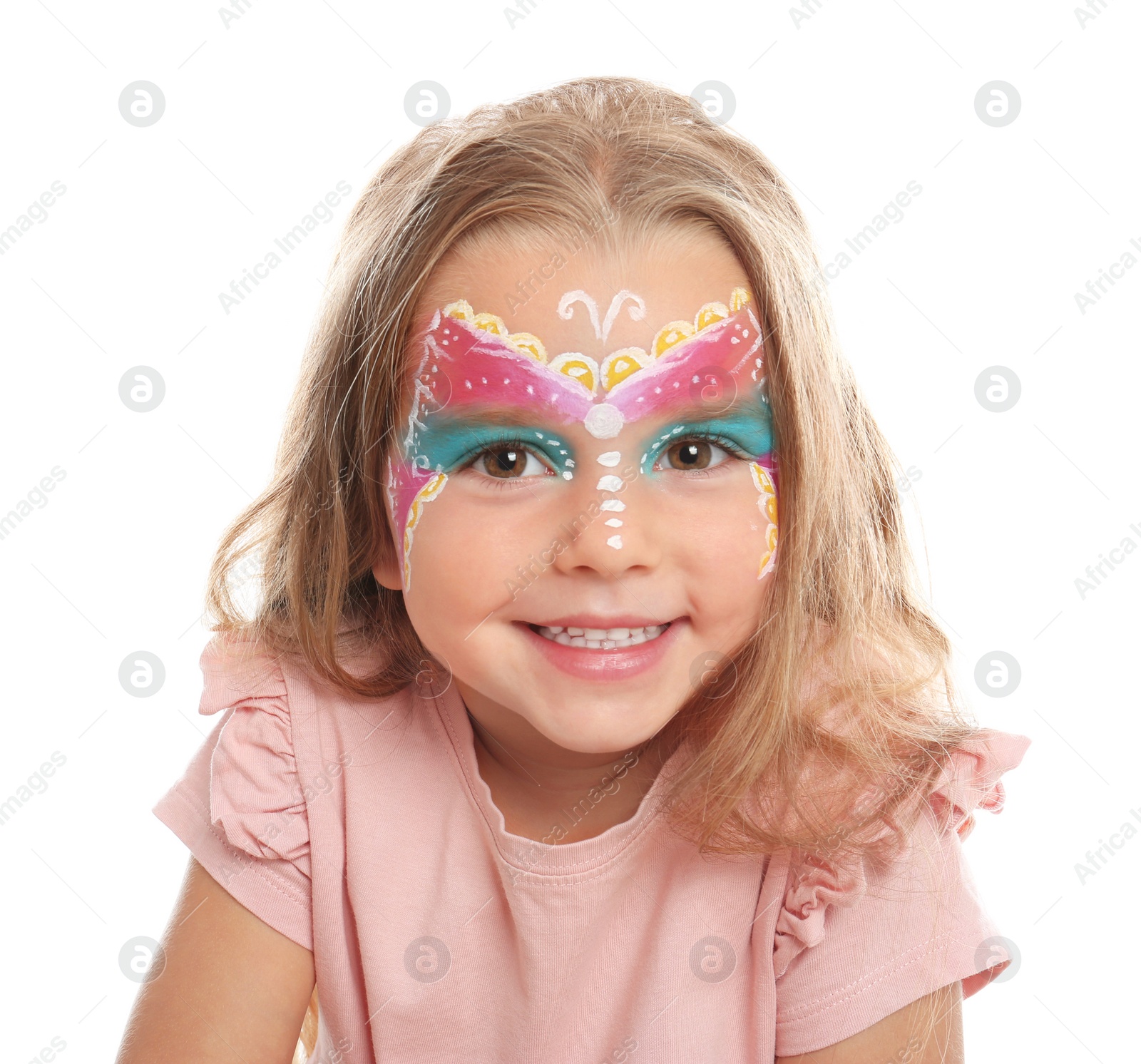 Photo of Cute little girl with face painting on white background