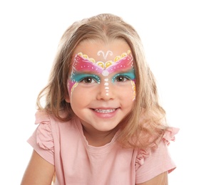 Cute little girl with face painting on white background