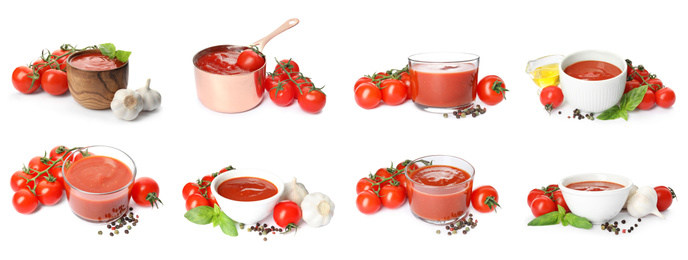Collage with delicious tomato sauce on white background
