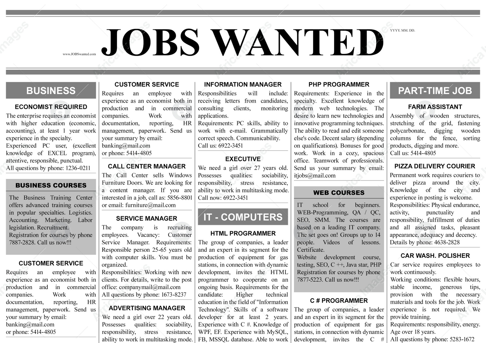 Illustration of Job search concept. Newspaper full of advertisements