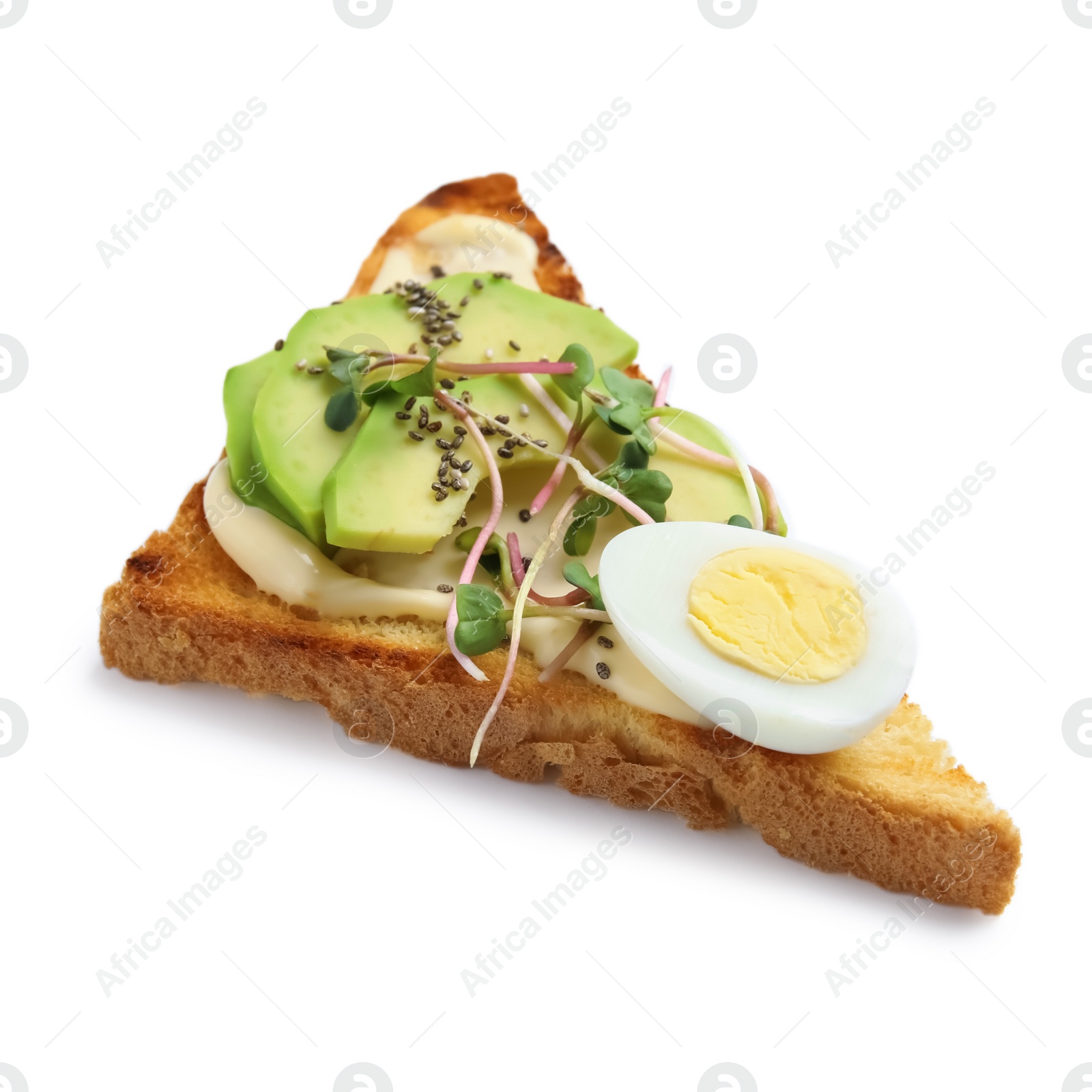 Photo of Tasty toast with avocado, quail egg and chia seeds on white background