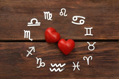 Photo of Zodiac signs and red hearts on wooden background, flat lay