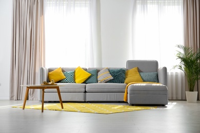 Stylish living room interior with comfortable sofa. Space for text