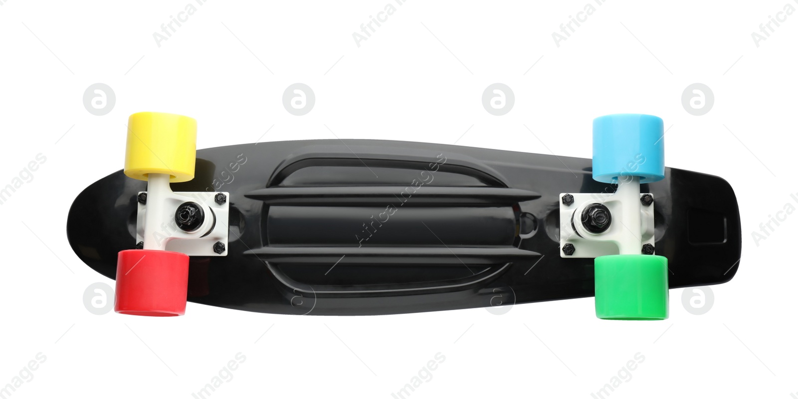 Photo of Black skateboard with colorful wheels isolated on white, top view. Sport equipment