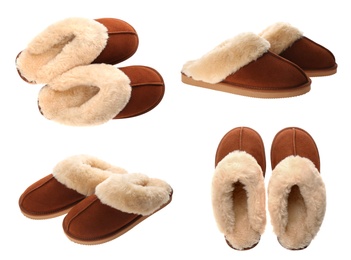 Image of Collage with closed toe slippers on white background