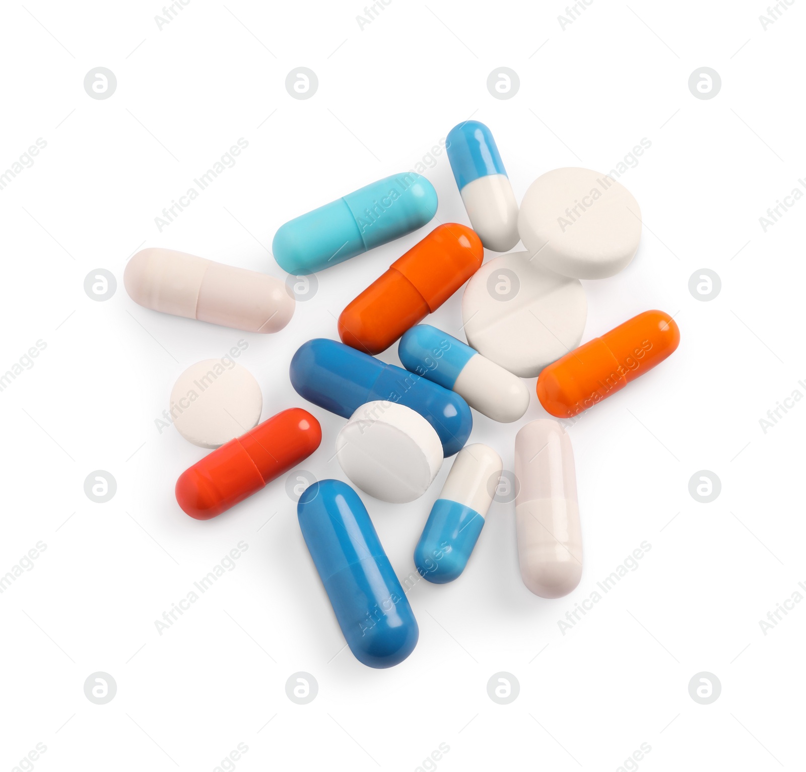 Photo of Many different pills isolated on white, top view