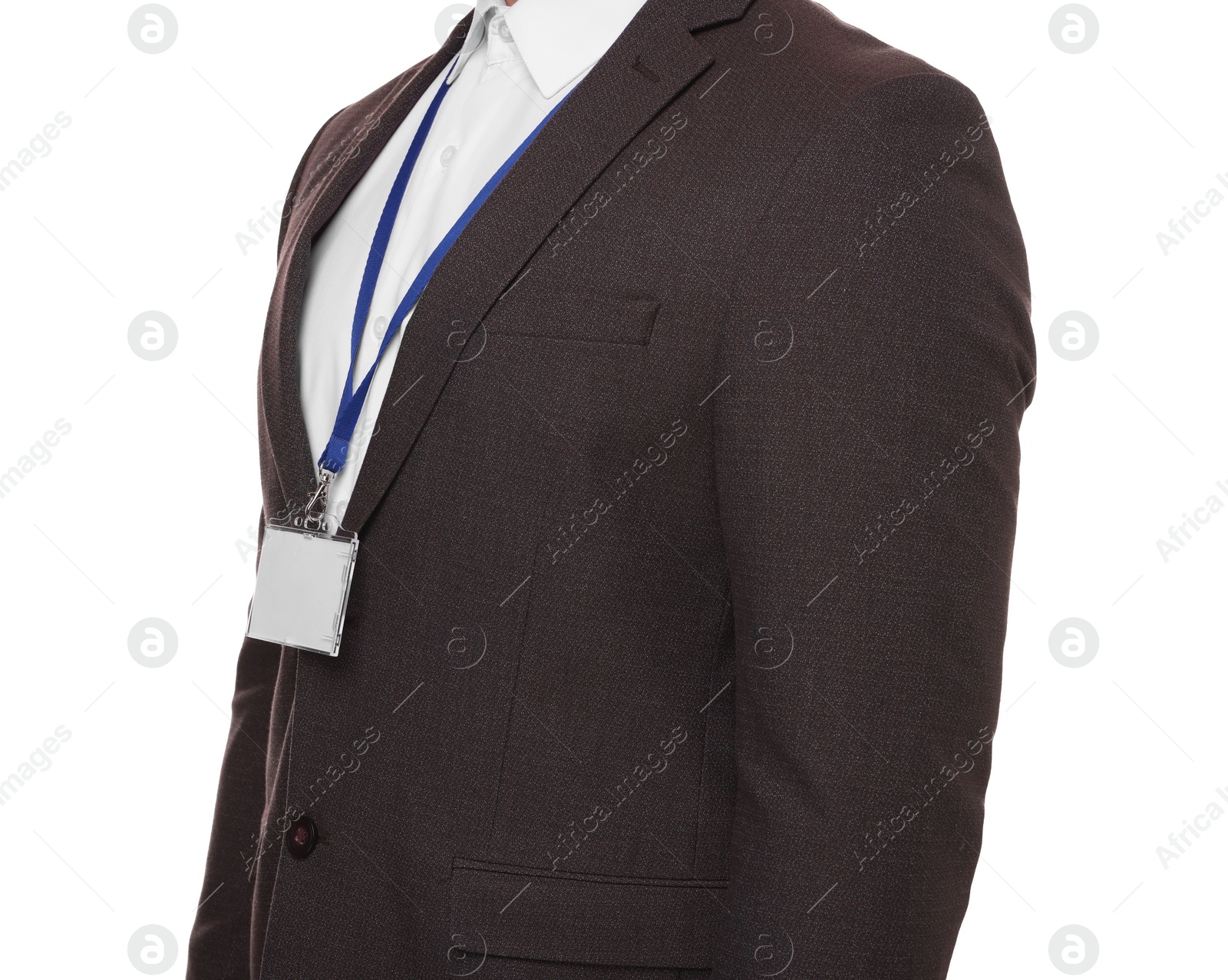 Photo of Man with blank badge isolated on white, closeup