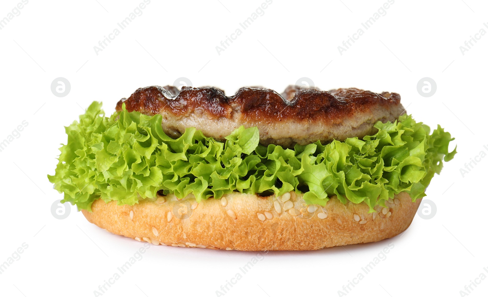 Photo of Burger bun with lettuce and cutlet isolated on white
