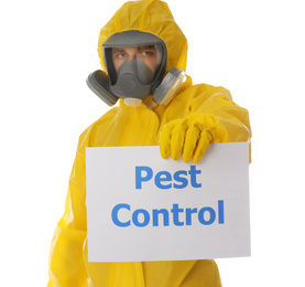 Photo of Man wearing protective suit holding sign PEST CONTROL on white background