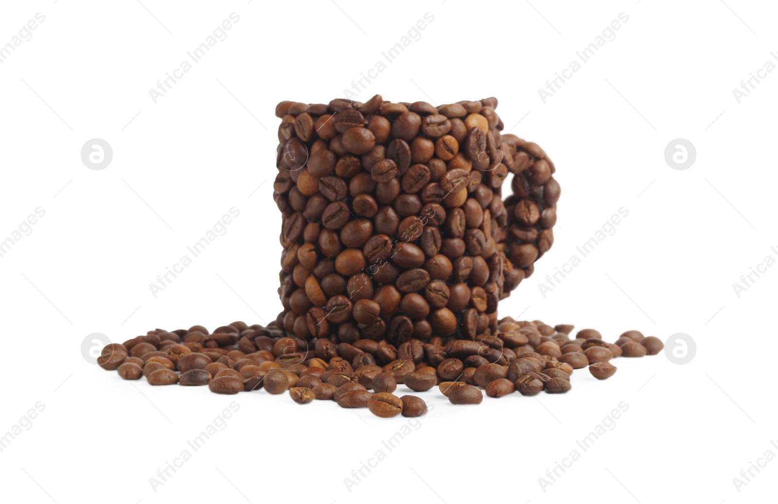 Photo of Cup of drink, composition made with coffee beans isolated on white