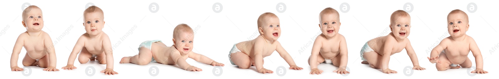 Image of Collage with photos of cute baby crawling on white background. Banner design