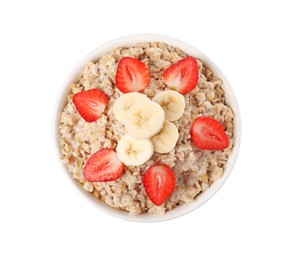 Photo of Tasty boiled oatmeal with strawberries and banana in bowl isolated on white, top view