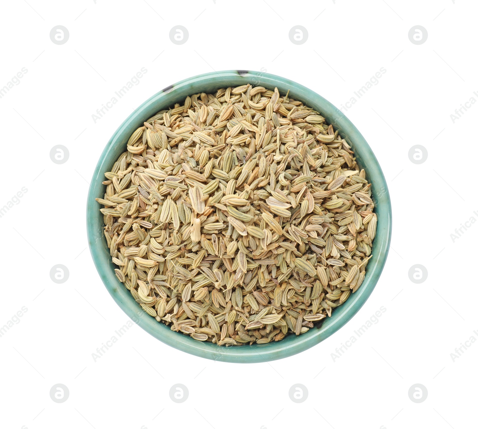 Photo of Dry fennel seeds in bowl isolated on white, top view