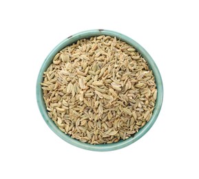 Dry fennel seeds in bowl isolated on white, top view