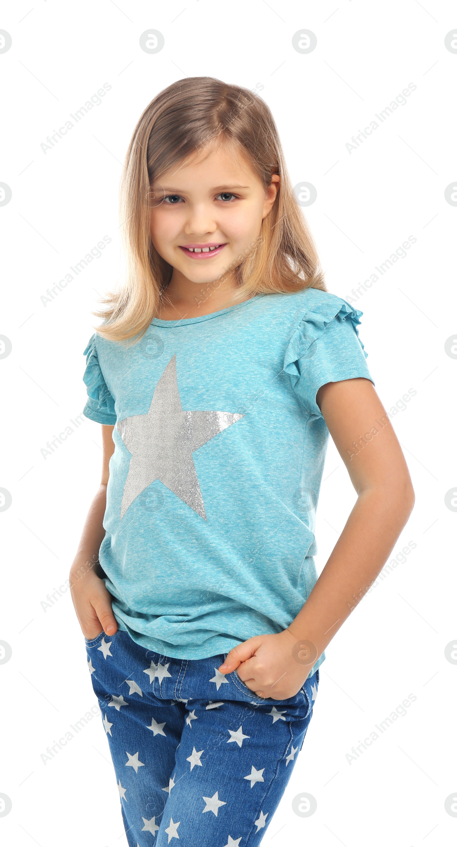 Photo of Cute little girl posing on white background