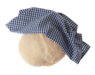 Raw dough for pastries covered with napkin isolated on white, top view