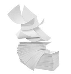 Image of Blank sheets of paper flying on white background