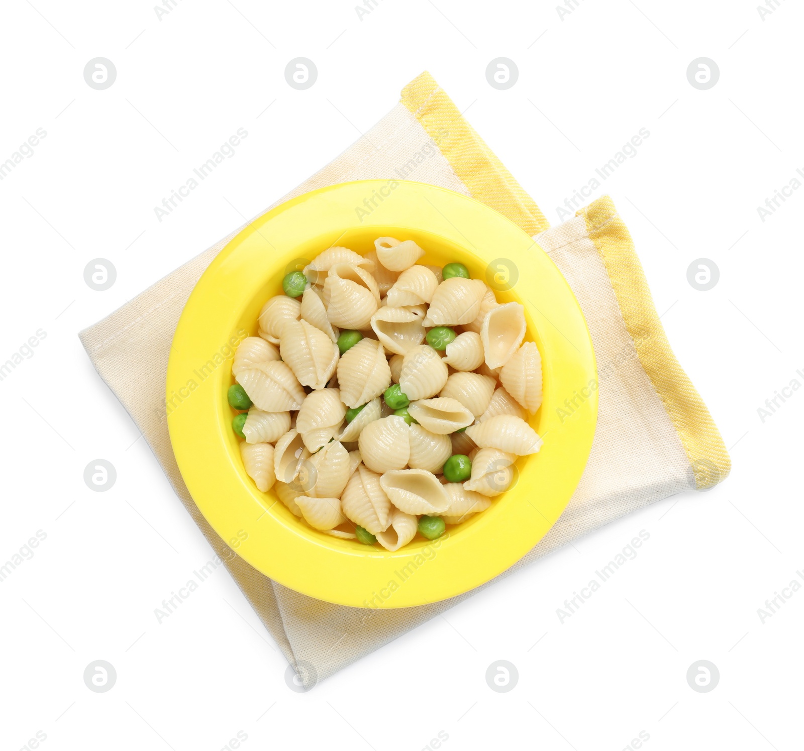 Photo of Bowl with tasty pasta and peas on white background, top view