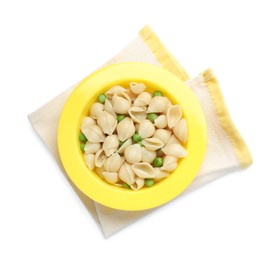 Bowl with tasty pasta and peas on white background, top view