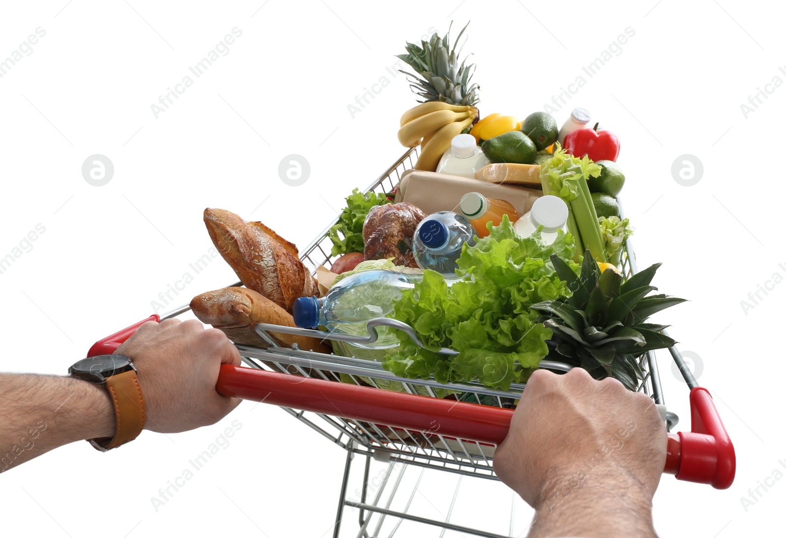 Photo of Man with shopping cart full of groceries on white background, closeup