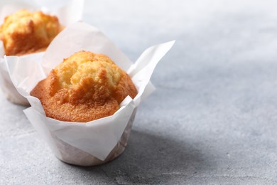 Photo of Delicious sweet muffins on light grey textured table, closeup. Space for text