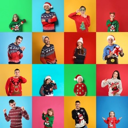 Collage with photos of adults and children in different Christmas sweaters on color backgrounds