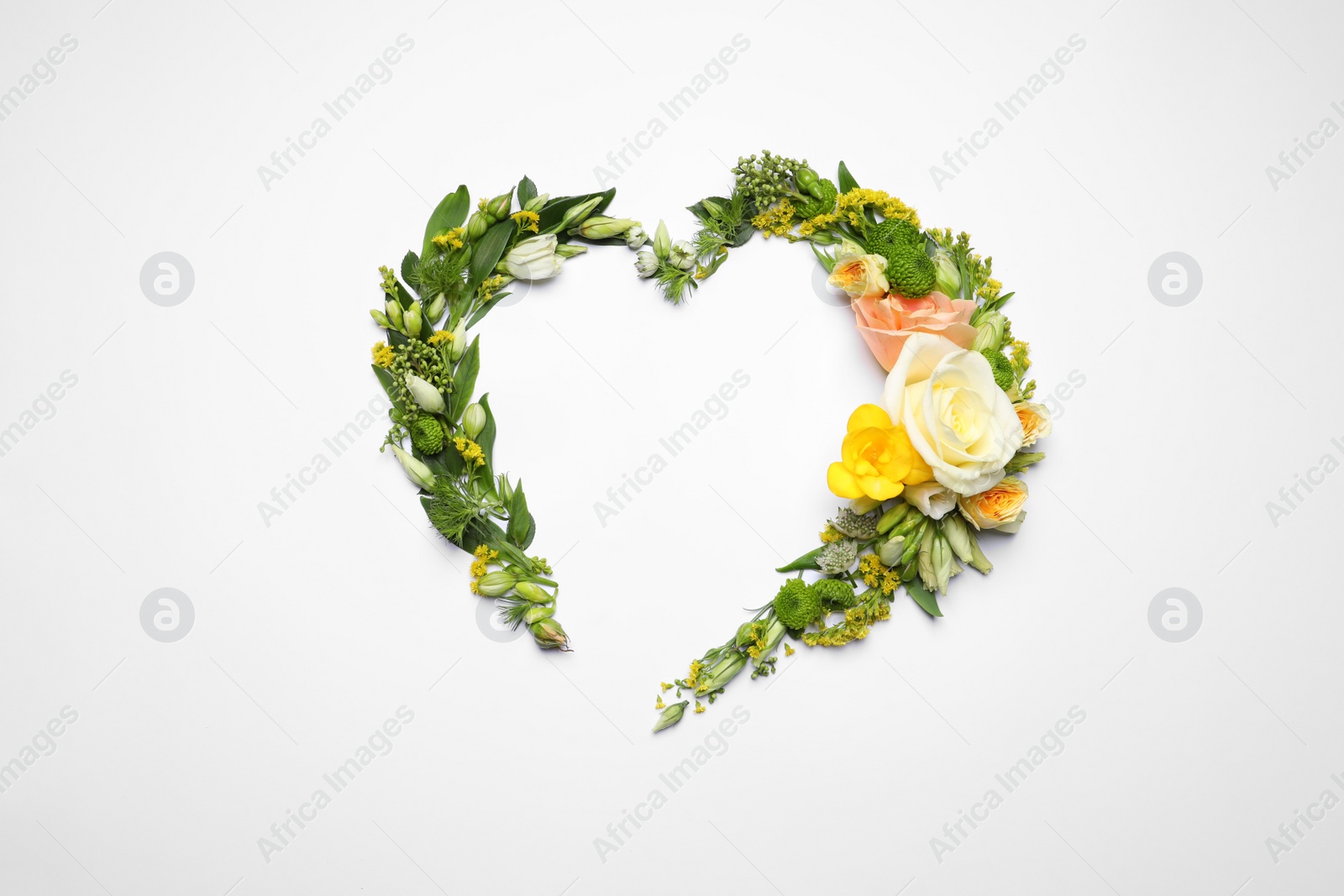 Photo of Beautiful heart shaped floral composition on light background, flat lay