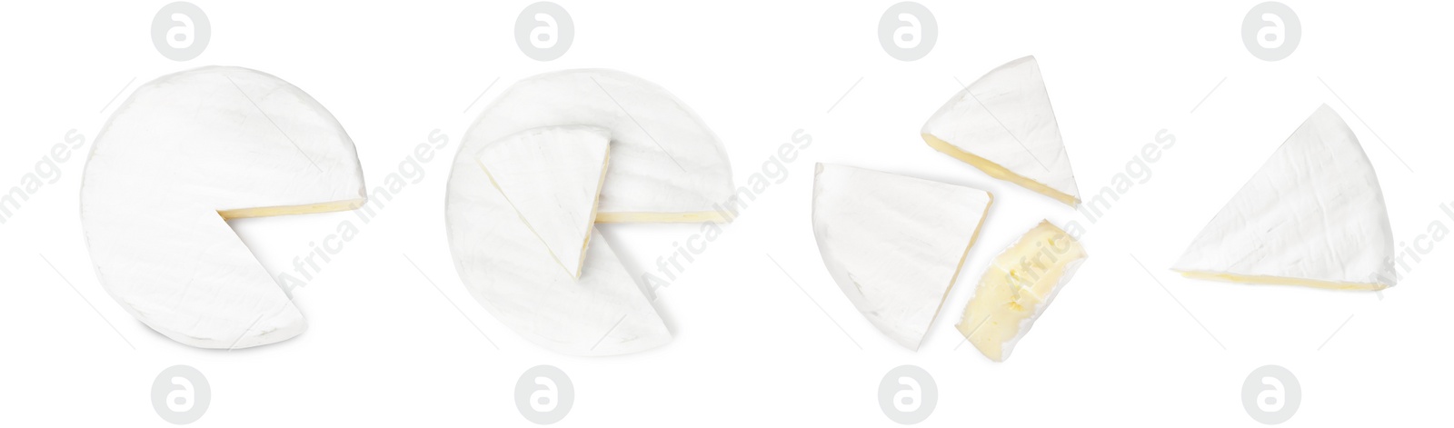 Image of Set with delicious brie cheese on white background, top view. Banner design