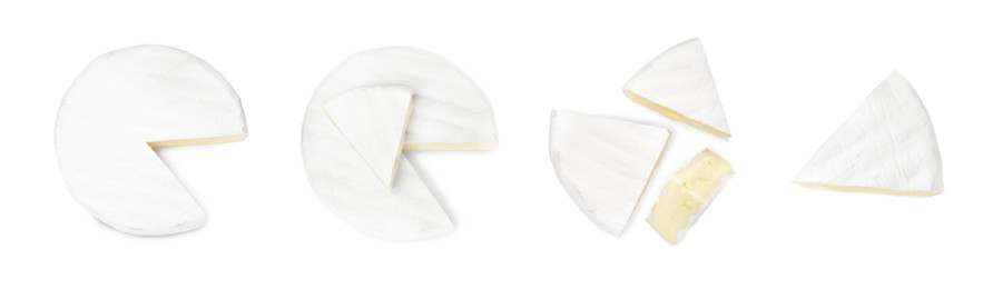 Image of Set with delicious brie cheese on white background, top view. Banner design