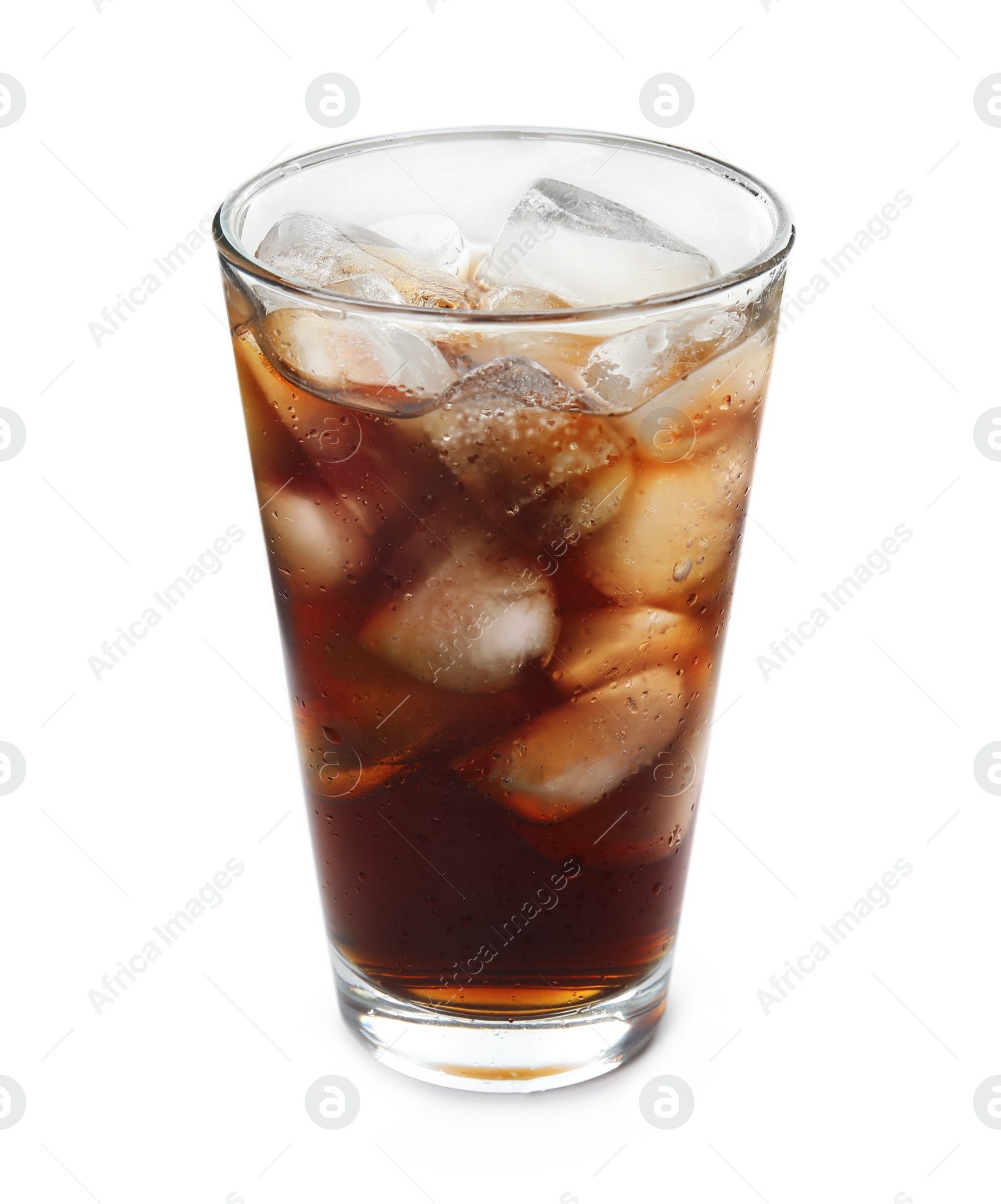 Photo of Glass of refreshing cola with ice cubes on white background