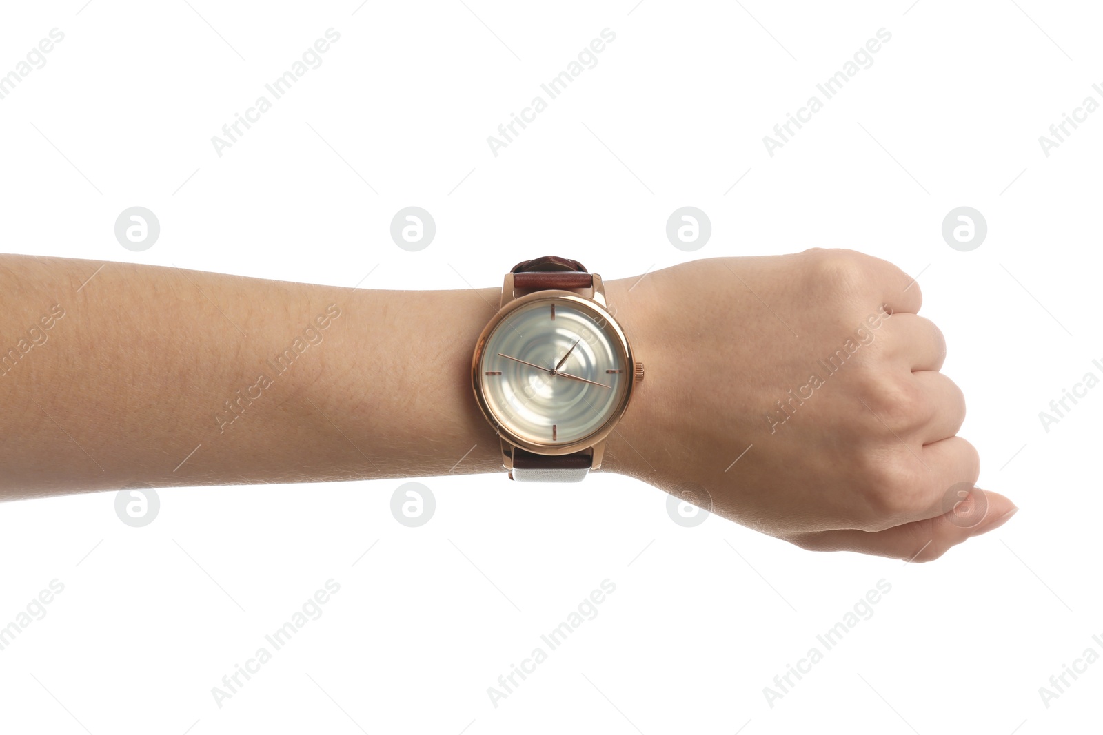 Photo of Woman wearing luxury wristwatch on white background, closeup