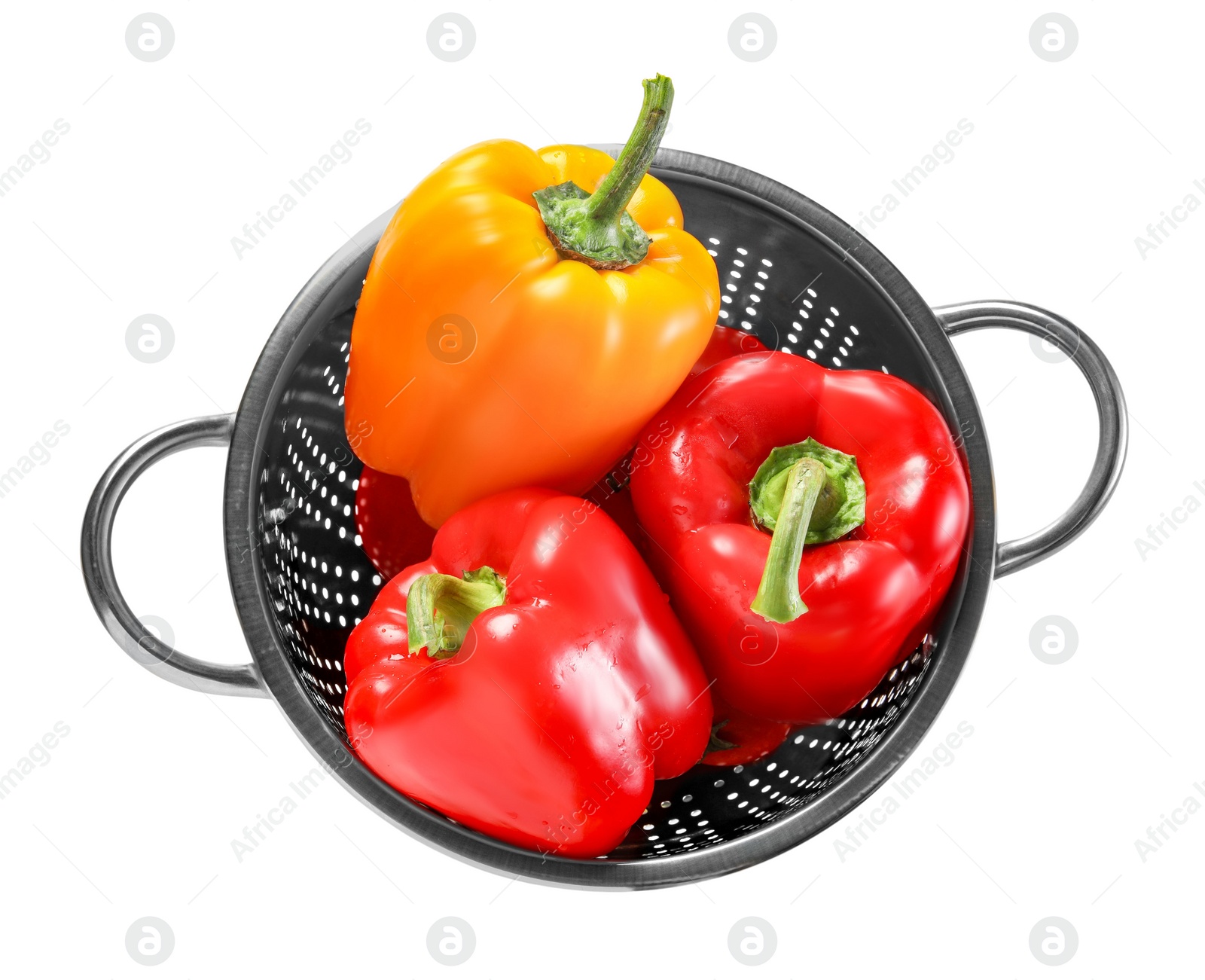 Photo of Colander with fresh bell peppers isolated on white, top view