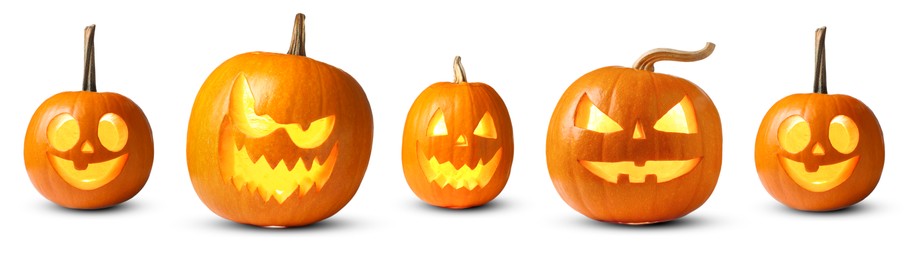 Image of Many pumpkins with carved spooky faces isolated on white, collection. Jack-o-lantern for Halloween