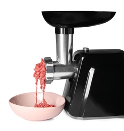 Electric meat grinder with beef mince isolated on white