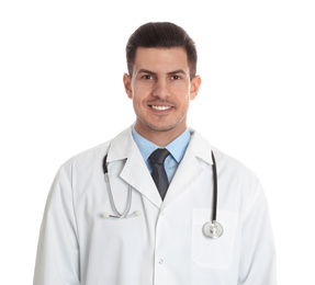 Photo of Portrait of doctor with stethoscope on white background