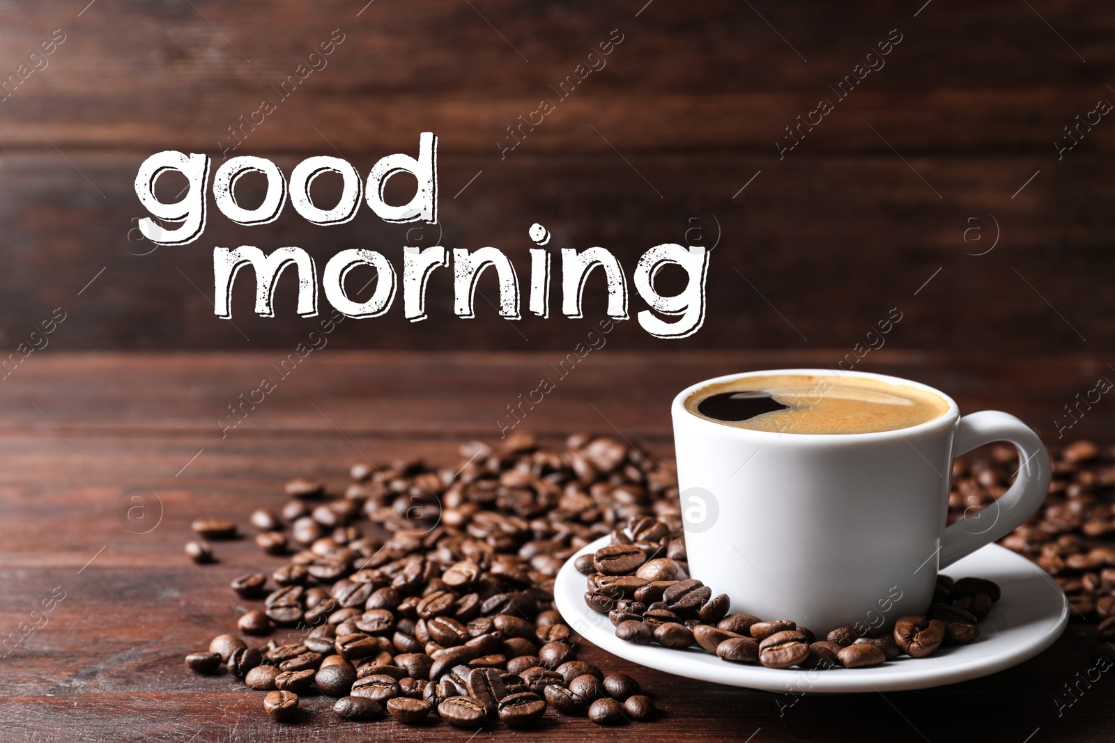Image of Cup of hot aromatic coffee and roasted beans on wooden table. Good morning