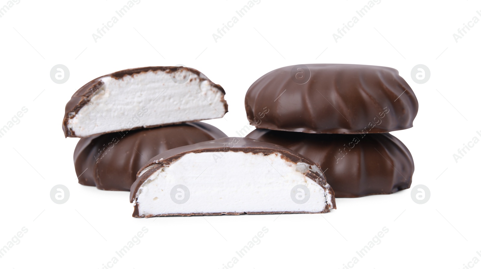 Photo of Delicious chocolate covered marshmallows isolated on white