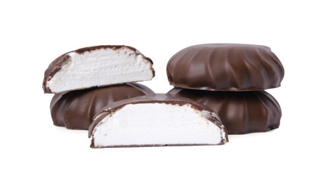 Photo of Delicious chocolate covered marshmallows isolated on white