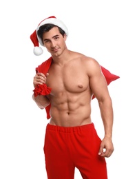 Sexy shirtless Santa Claus on white background