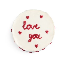 Bento cake with text Love You isolated on white, top view. St. Valentine's day surprise