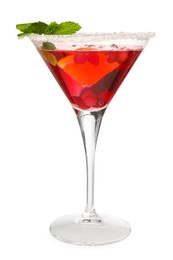 Photo of Tasty cranberry cocktail with orange, sugar and mint in glass isolated on white