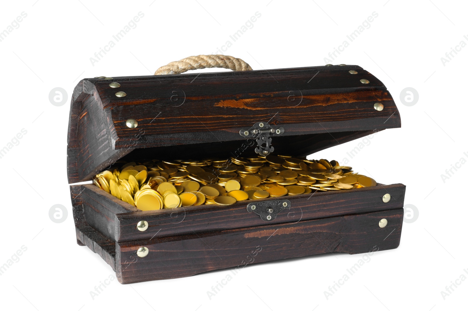 Image of Open treasure chest with gold coins isolated on white