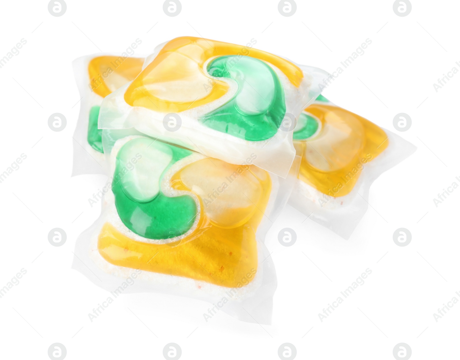 Photo of Many dishwasher detergent pods on white background