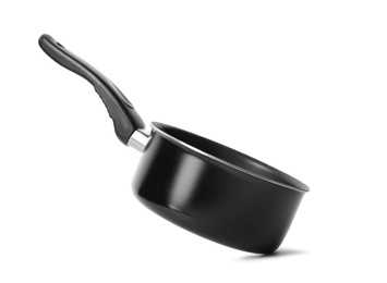 Photo of Empty modern black saucepan isolated on white
