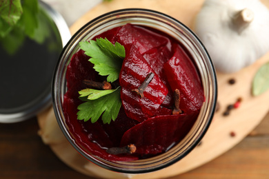 Delicious pickled beets in jar, top view