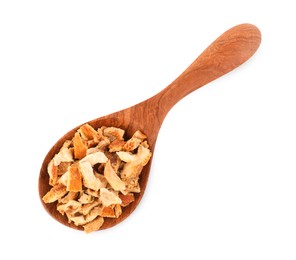 Spoon with dried orange zest seasoning isolated on white, top view