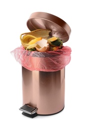 Photo of Trash bin with organic waste for composting on white background